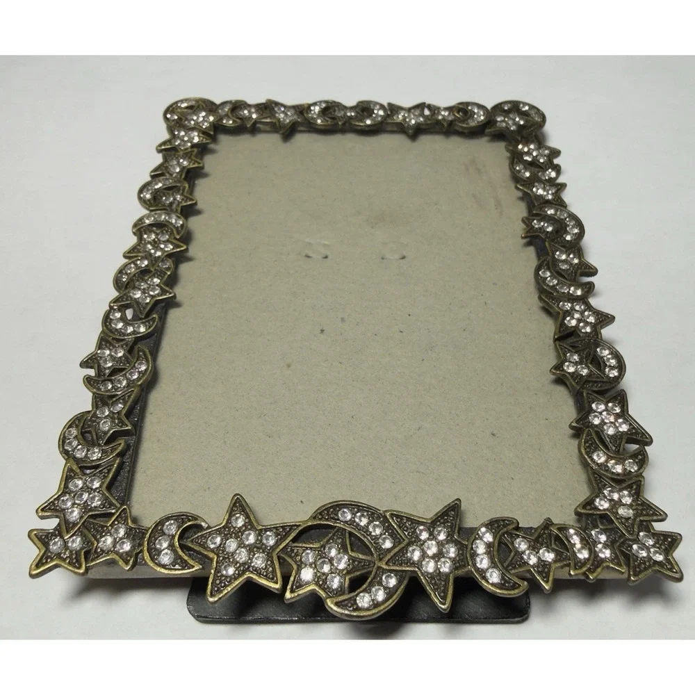 Vtg‎ Crystal Celestial Photo Frame Moon Stars Rhinestones Brass Metal Picture